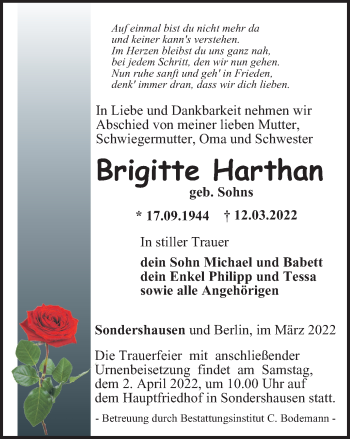 Traueranzeige von Brigitte Harthan