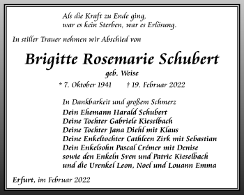 Traueranzeige von Brigitte Rosemarie Schubert von Thüringer Allgemeine, Thüringische Landeszeitung