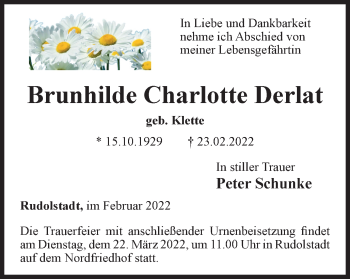 Traueranzeige von Brunhilde Charlotte Derlat von Ostthüringer Zeitung
