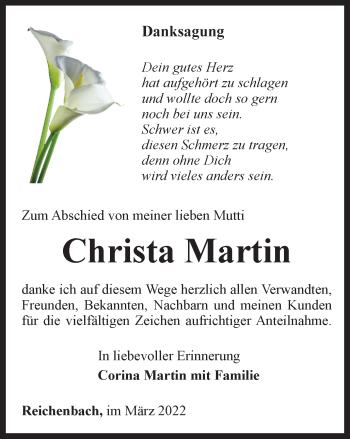 Traueranzeige von Christa Martin von Ostthüringer Zeitung