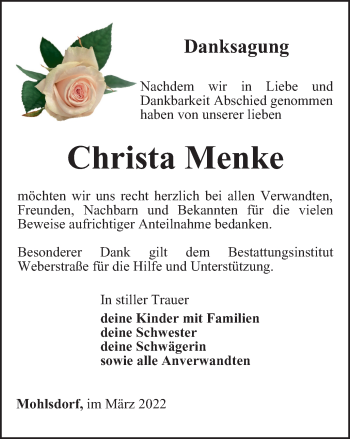 Traueranzeige von Christa Menke