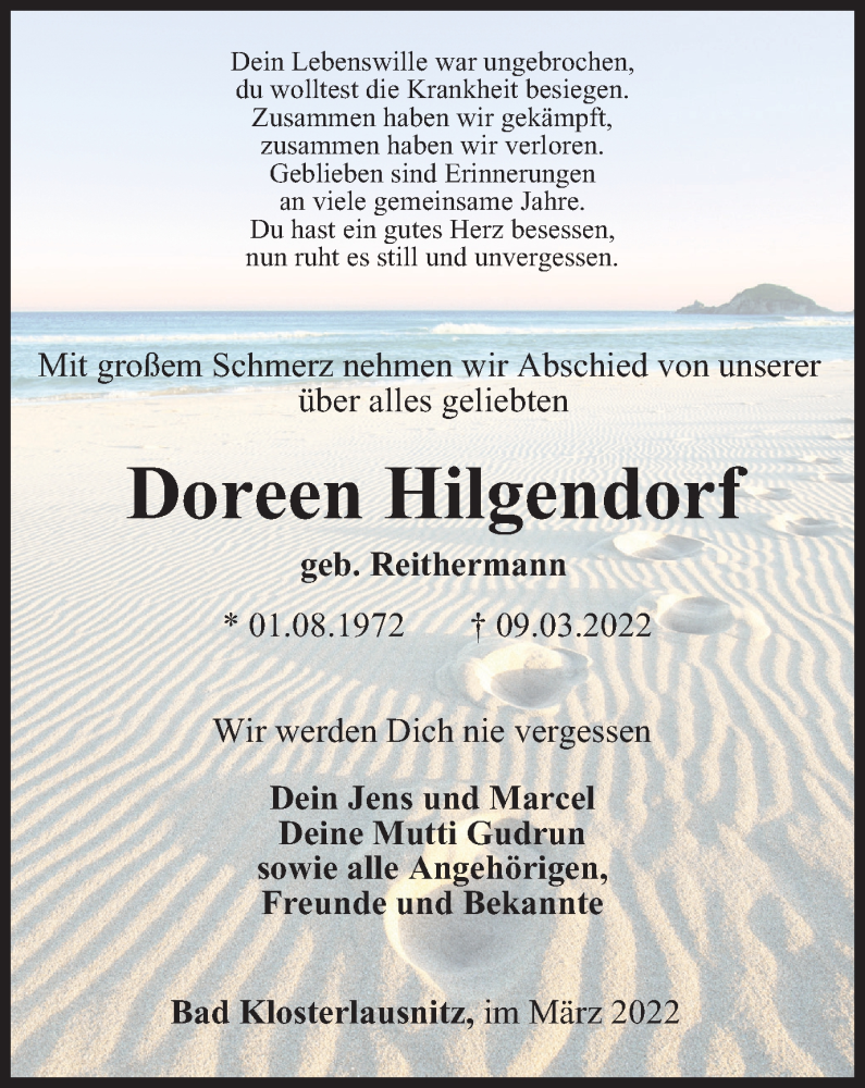  Traueranzeige für Doreen Hilgendorf vom 19.03.2022 aus Ostthüringer Zeitung
