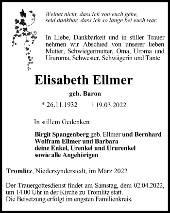 Traueranzeige von Elisabeth Ellmer von Thüringer Allgemeine, Thüringische Landeszeitung