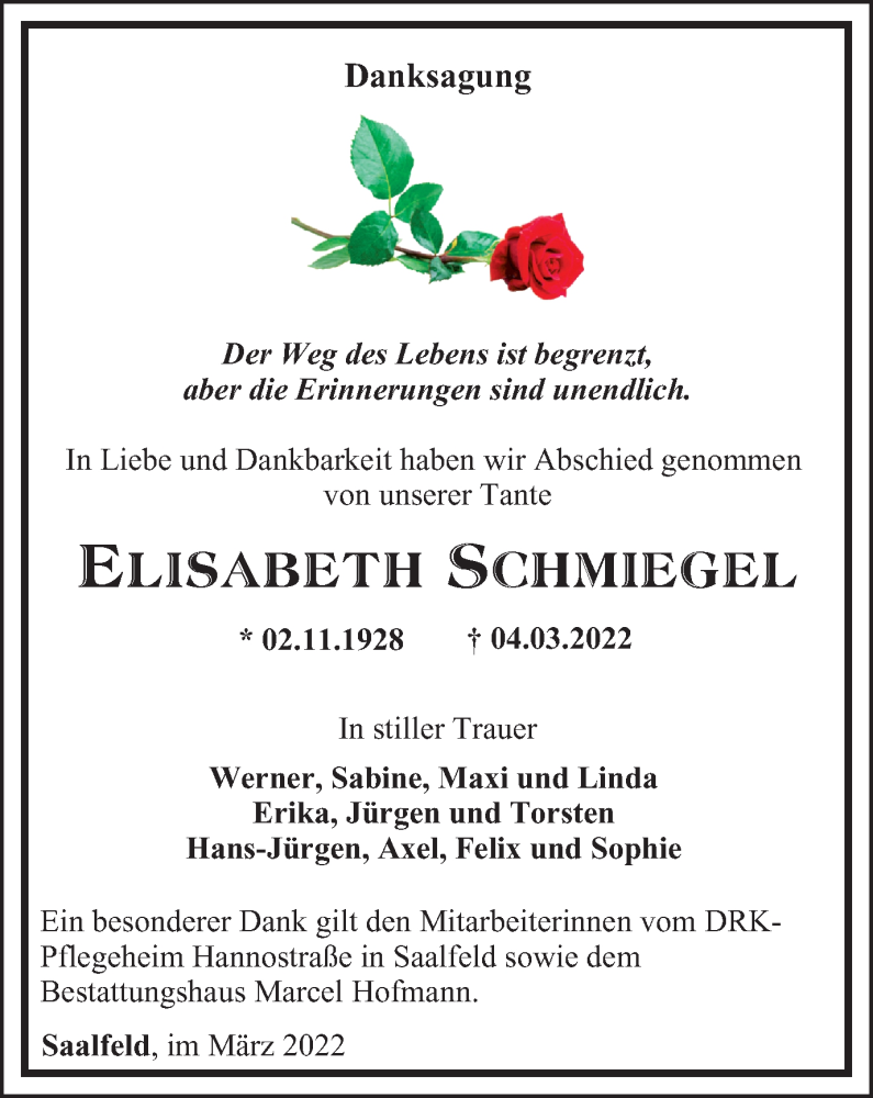  Traueranzeige für Elisabeth Schmiegel vom 19.03.2022 aus Ostthüringer Zeitung