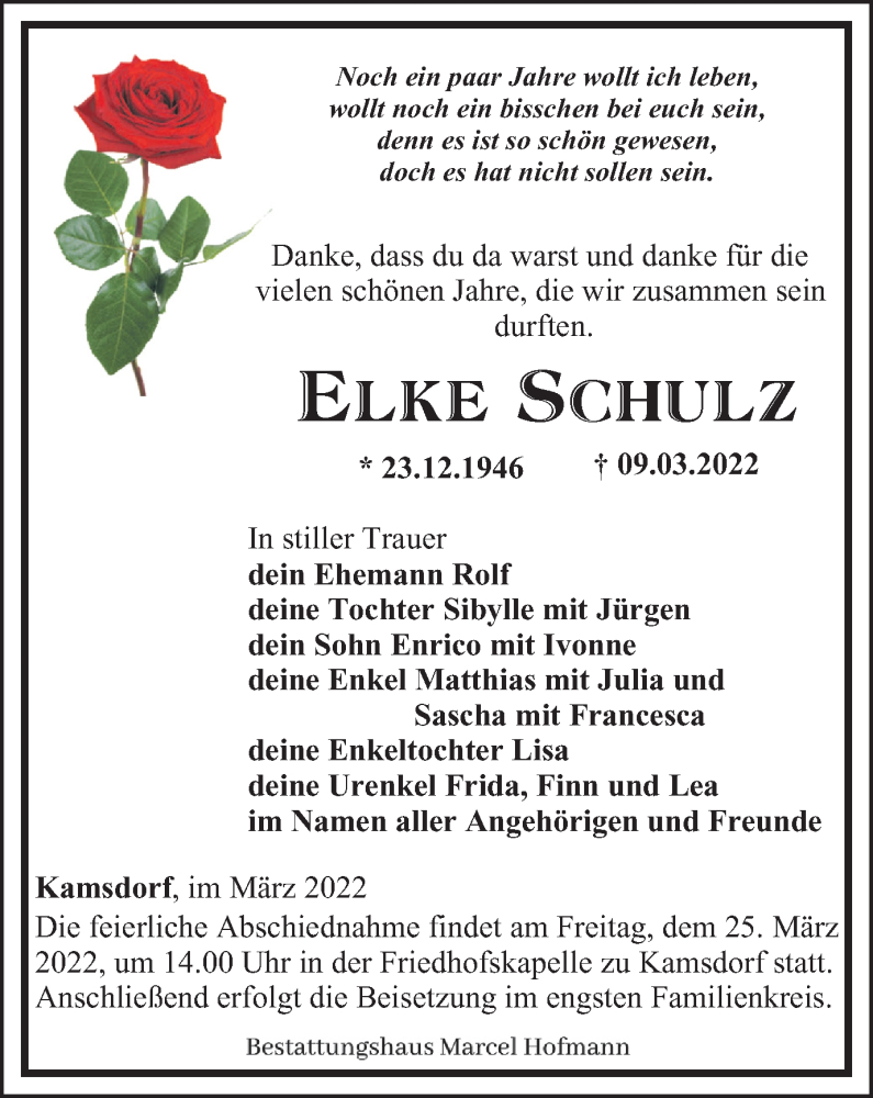  Traueranzeige für Elke Schulz vom 19.03.2022 aus Ostthüringer Zeitung