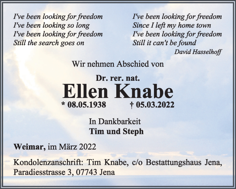  Traueranzeige für Ellen Knabe vom 12.03.2022 aus Thüringer Allgemeine, Thüringische Landeszeitung