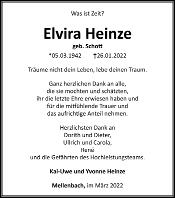 Traueranzeige von Elvira Heinze von Ostthüringer Zeitung