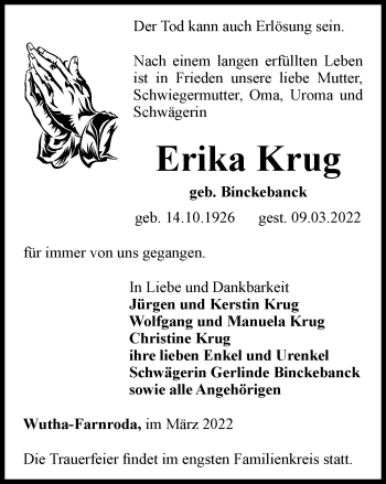 Traueranzeige von Erika Krug von Thüringer Allgemeine, Thüringische Landeszeitung