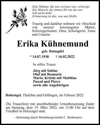 Traueranzeige von Erika Kühnemund