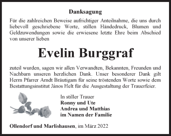 Traueranzeige von Evelin Burggraf von Thüringer Allgemeine, Thüringische Landeszeitung