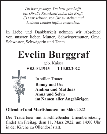 Traueranzeige von Evelin Burggraf von Thüringer Allgemeine, Thüringische Landeszeitung