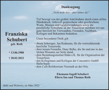 Traueranzeige von Franziska Schubert