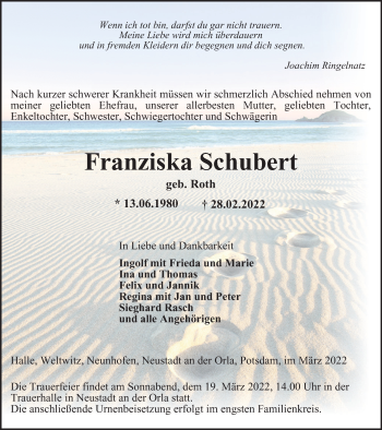 Traueranzeige von Franziska Schubert