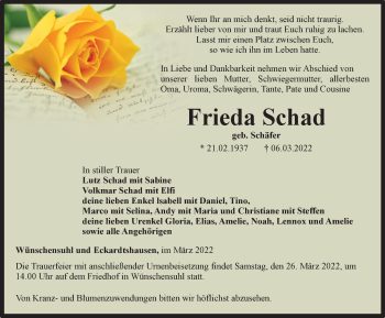 Traueranzeige von Frieda Schad von Thüringer Allgemeine, Thüringische Landeszeitung