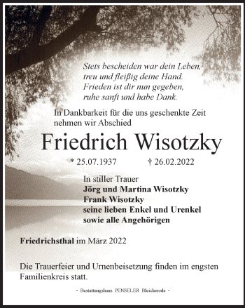 Traueranzeige von Friedrich Wisotzky von Thüringer Allgemeine
