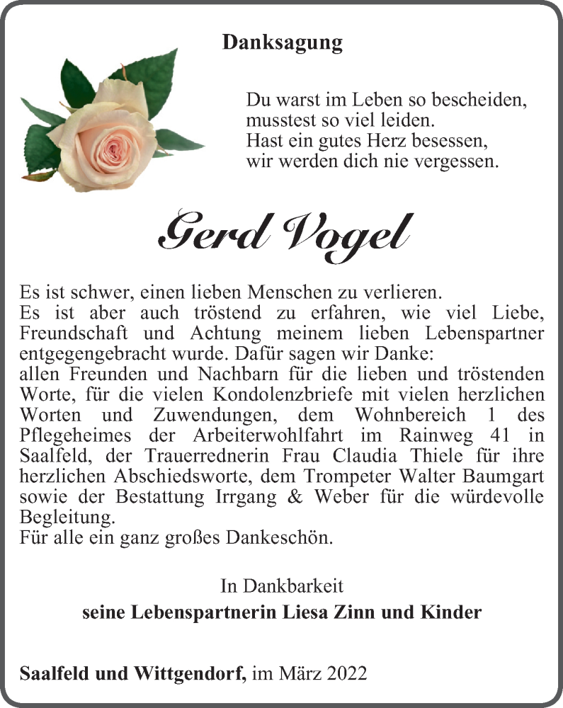  Traueranzeige für Gerd Vogel vom 19.03.2022 aus Ostthüringer Zeitung