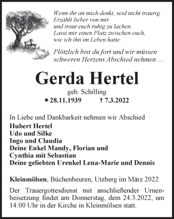 Traueranzeige von Gerda Hertel von Thüringer Allgemeine, Thüringische Landeszeitung