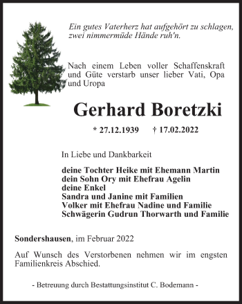 Traueranzeige von Gerhard Boretzki