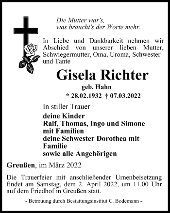 Traueranzeige von Gisela Richter