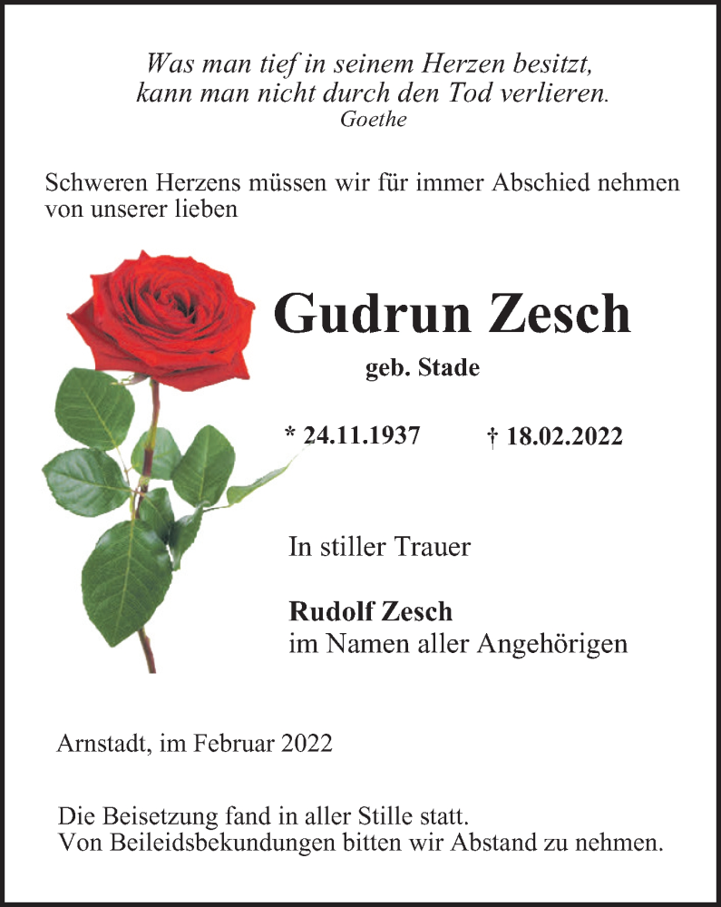  Traueranzeige für Gudrun Zesch vom 05.03.2022 aus Thüringer Allgemeine