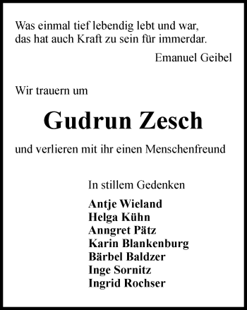 Traueranzeige von Gudrun Zesch von Thüringer Allgemeine