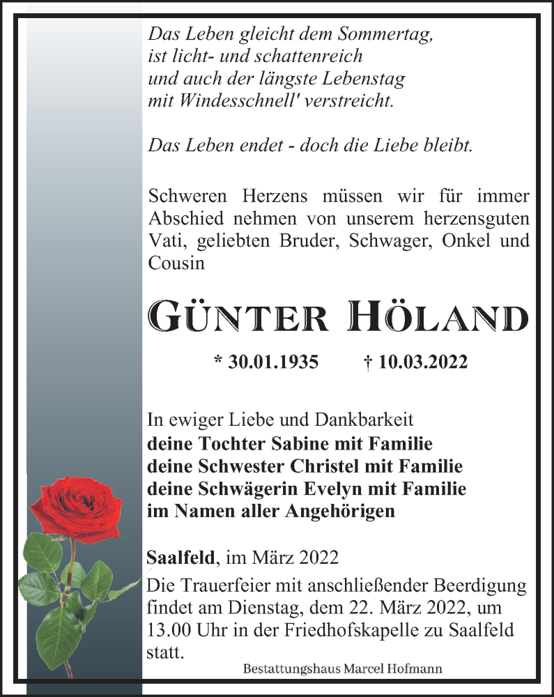  Traueranzeige für Günter Höland vom 19.03.2022 aus Ostthüringer Zeitung