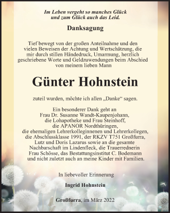 Traueranzeige von Günter Hohnstein