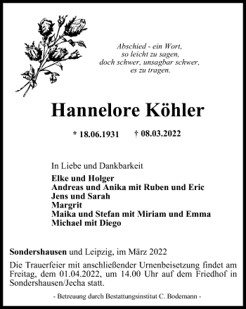 Traueranzeige von Hannelore Köhler