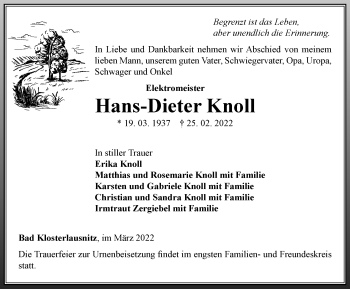 Traueranzeige von Hans-Dieter Knoll von Ostthüringer Zeitung