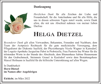 Traueranzeige von Helga Dietzel von Ostthüringer Zeitung