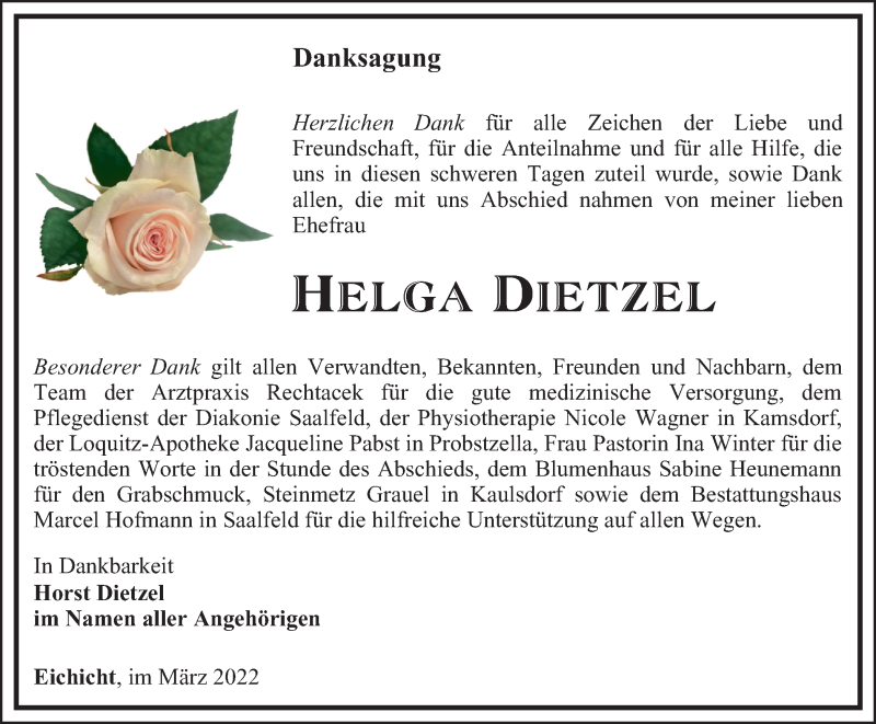  Traueranzeige für Helga Dietzel vom 19.03.2022 aus Ostthüringer Zeitung