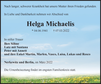 Traueranzeige von Helga Michaelis von Ostthüringer Zeitung, Thüringische Landeszeitung