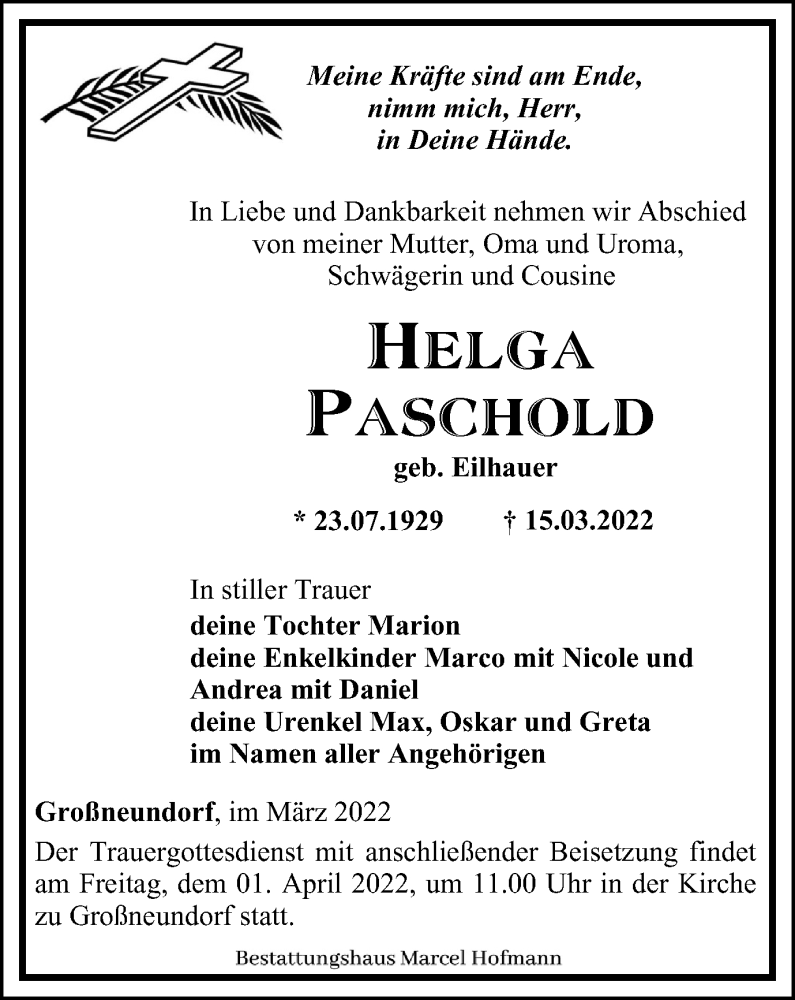  Traueranzeige für Helga Paschold vom 26.03.2022 aus Ostthüringer Zeitung