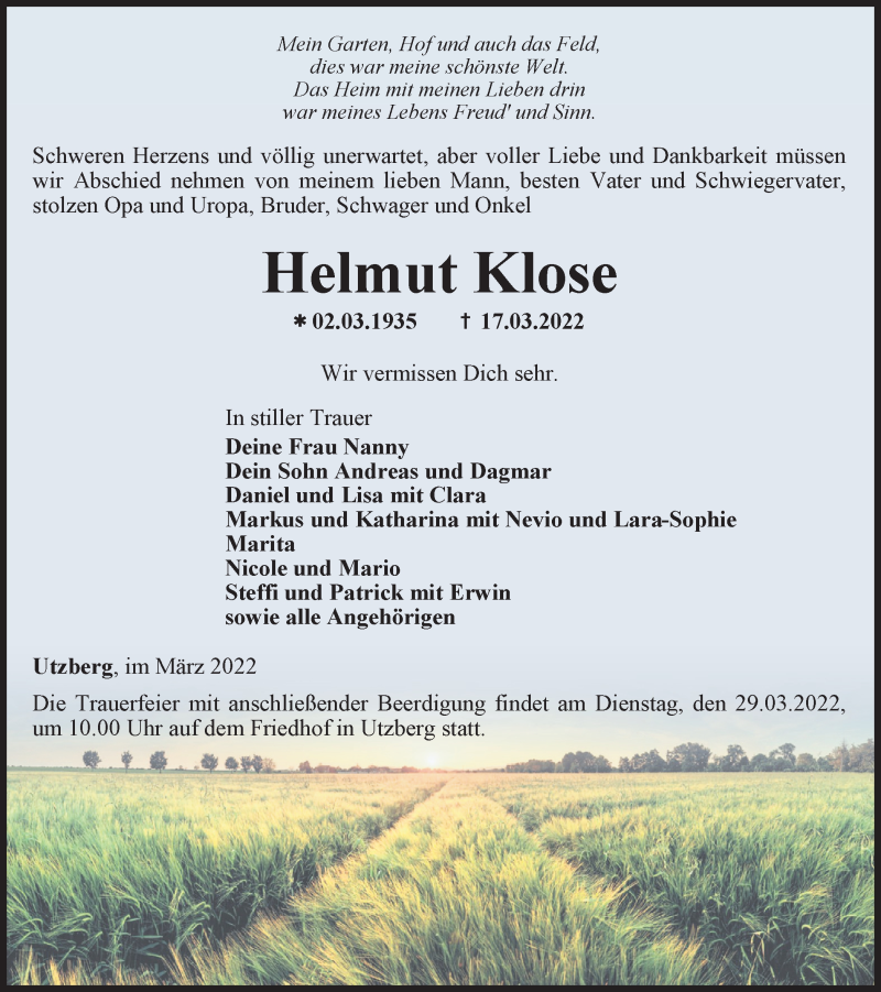  Traueranzeige für Helmut Klose vom 25.03.2022 aus Thüringer Allgemeine, Thüringische Landeszeitung