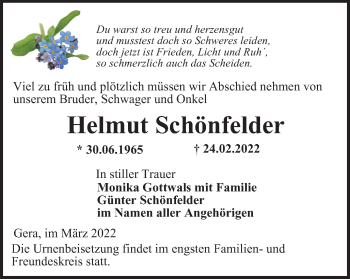 Traueranzeige von Helmut Schönfelder von Ostthüringer Zeitung