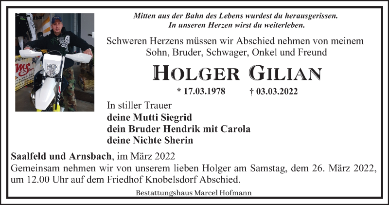  Traueranzeige für Holger Gilian vom 19.03.2022 aus Ostthüringer Zeitung