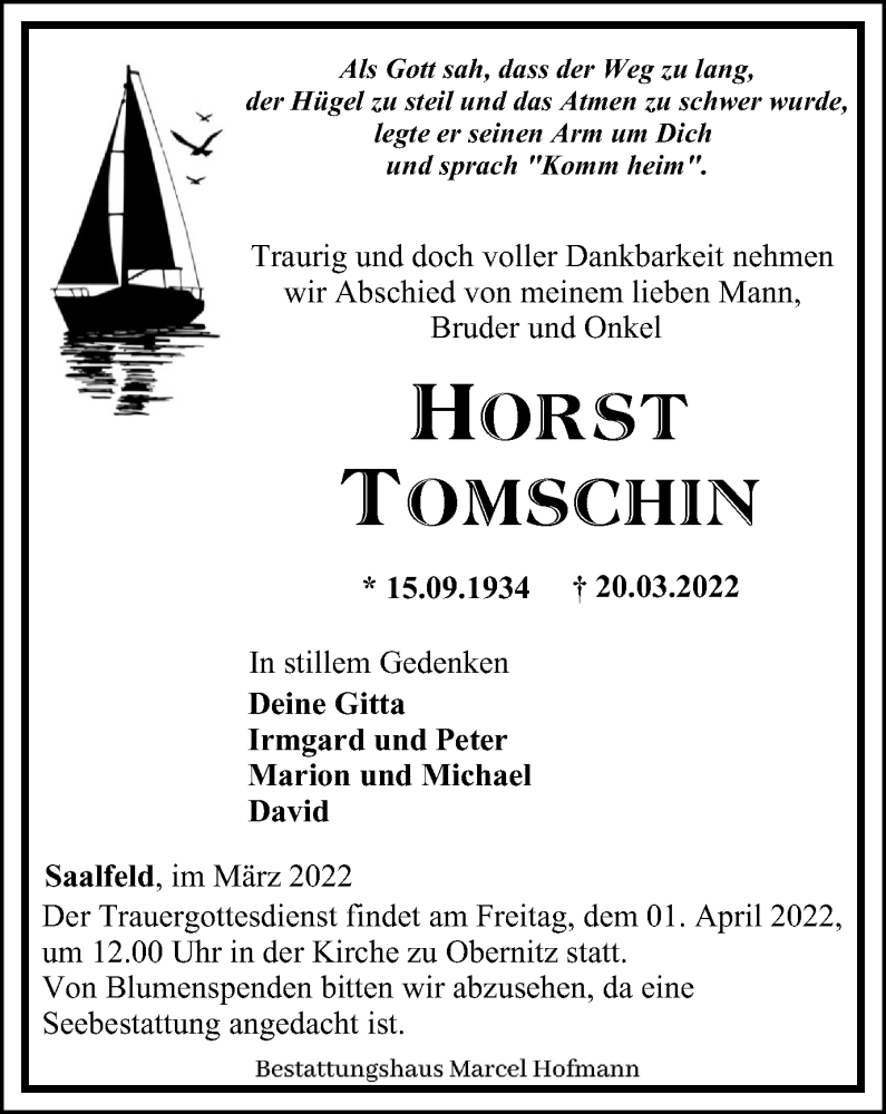  Traueranzeige für Horst Tomschin vom 26.03.2022 aus Ostthüringer Zeitung