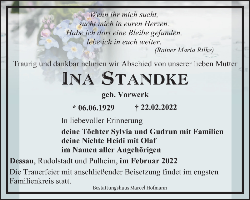  Traueranzeige für Ina Standke vom 12.03.2022 aus Ostthüringer Zeitung