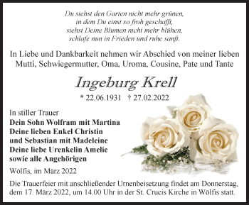 Traueranzeige von Ingeburg Krell von Thüringer Allgemeine, Thüringische Landeszeitung