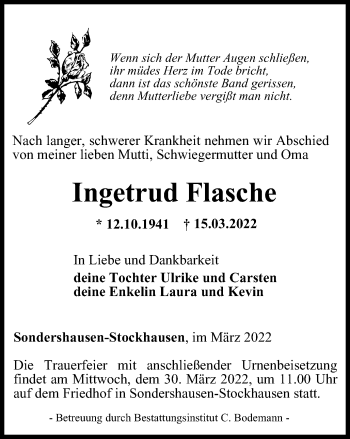 Traueranzeige von Ingetrud Flasche