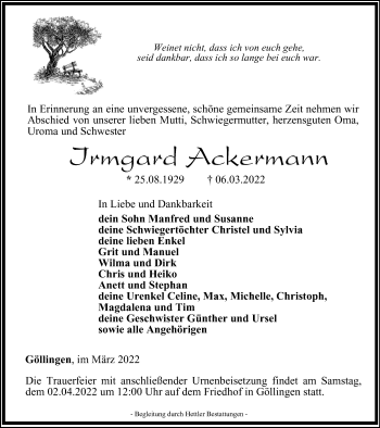 Traueranzeige von Irmgard Ackermann von Thüringer Allgemeine