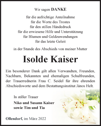 Traueranzeige von Isolde Kaiser von Thüringer Allgemeine, Thüringische Landeszeitung