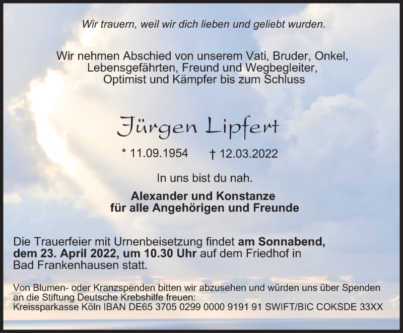  Traueranzeige für Jürgen Lipfert vom 26.03.2022 aus Thüringer Allgemeine