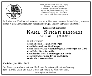 Traueranzeige von Karl Streitberger von Ostthüringer Zeitung