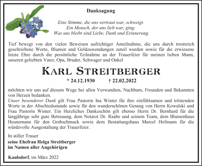  Traueranzeige für Karl Streitberger vom 26.03.2022 aus Ostthüringer Zeitung