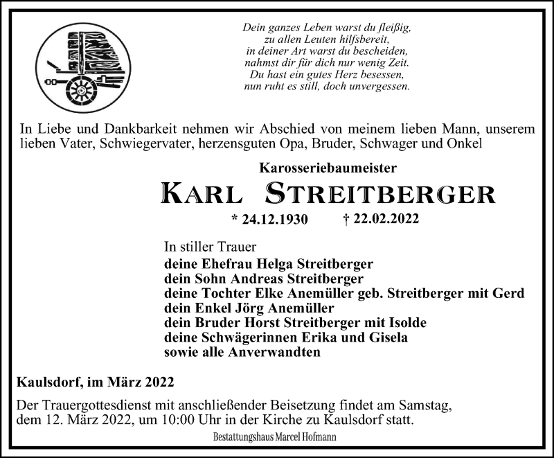  Traueranzeige für Karl Streitberger vom 05.03.2022 aus Ostthüringer Zeitung