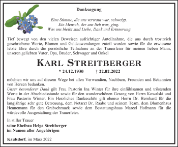 Traueranzeige von Karl Streitberger von Ostthüringer Zeitung