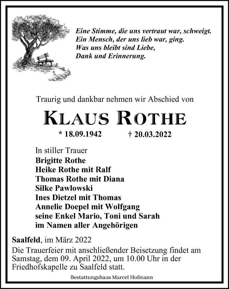  Traueranzeige für Klaus Rothe vom 26.03.2022 aus Ostthüringer Zeitung