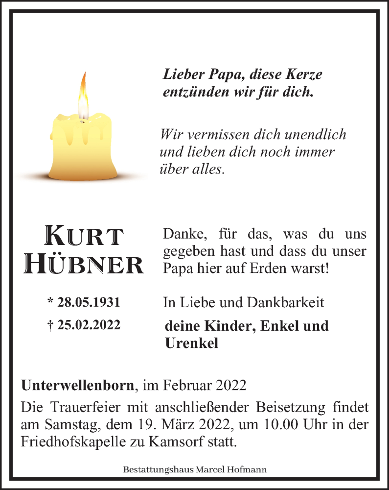  Traueranzeige für Kurt Hübner vom 12.03.2022 aus Ostthüringer Zeitung