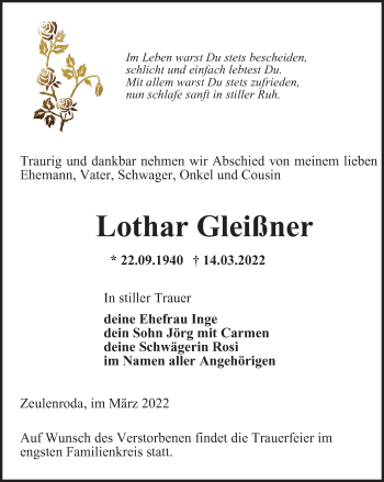 Traueranzeige von Lothar Gleißner von Ostthüringer Zeitung